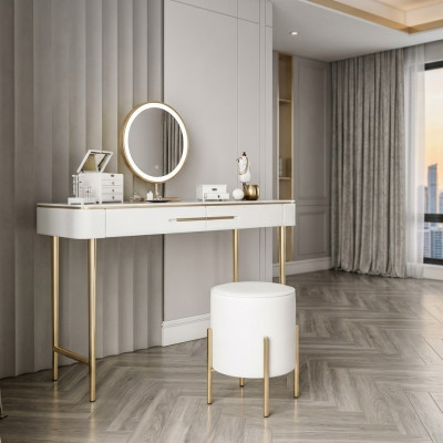 Wäisse Schminkdësch Designer Kosmetikdësch 2x Schiefen Frisée-Kommodéierer