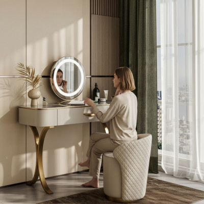 Beige Schminktisch Designer Friseurdësch Friseerkommode Mat Schiefen