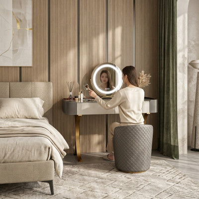 Beige Make-up-Dësch Designer Coiffeusdëscher Luxusdrëwwer Käschte Holzmiwwelen