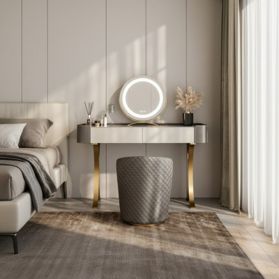Beige Make-up-Dësch Designer Coiffeusdëscher Luxusdrëwwer Käschte Holzmiwwelen