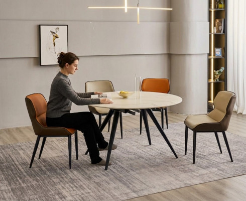 Iesszëmmer Miwwelen Luxus Ronntafel 6x Textilstill Iesszëmmergrupp 7-Deeler