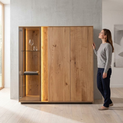 Hellbrong Vitrin Designer Iesszëmmer Kredenz Holzschief LED-Schaf
