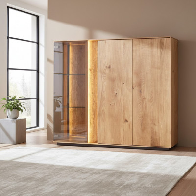 Hellbrong Vitrin Designer Iesszëmmer Kredenz Holzschief LED-Schaf