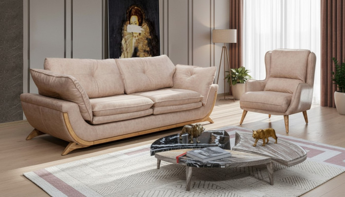 Beige Sëtzgruppe Luxus Sofae Designer Sëtzgrupp 3+1 Sëtzer Miwwelen