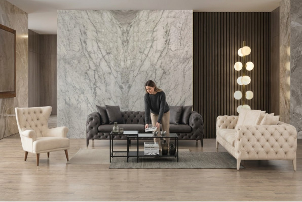 Wäiss-Gro Wunnzëmmer Chesterfield Sofasaz 4+3 Sëtzer Luxus Fauteuil