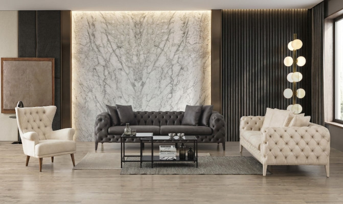 Wäiss-Gro Wunnzëmmer Chesterfield Sofasaz 4+3 Sëtzer Luxus Fauteuil