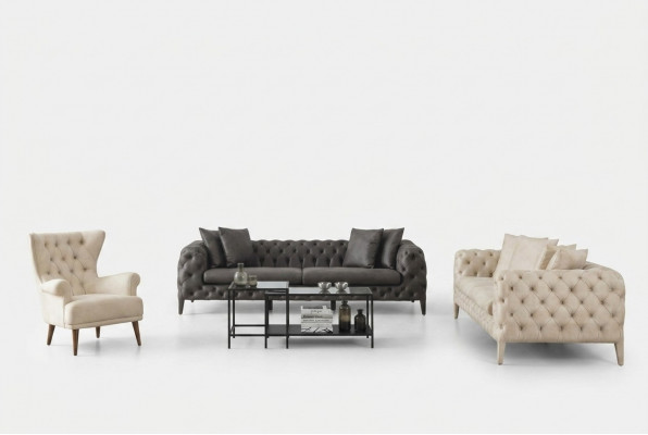 Wäiss-Gro Wunnzëmmer Chesterfield Sofasaz 4+3 Sëtzer Luxus Fauteuil