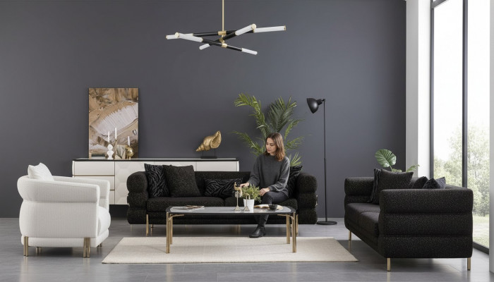 Wunnzëmmer Sofa Set Designer Schwaarze Luxus Dreisëtzer Wäissen Fauteuil