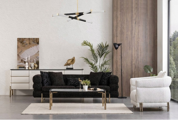 Wunnzëmmer Sofa Set Designer Schwaarze Luxus Dreisëtzer Wäissen Fauteuil