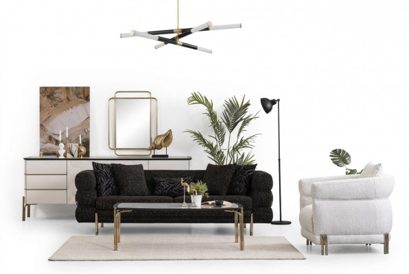 Wunnzëmmer Sofa Set Designer Schwaarze Luxus Dreisëtzer Wäissen Fauteuil