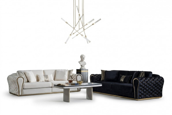 Schwaarz Wäiss Sofasett 3+3 Designer Sëtzer Luxus Polster 2x Sofas