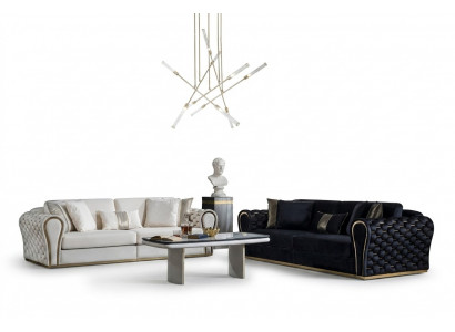 Schwaarz Wäiss Sofasett 3+3 Designer Sëtzer Luxus Polster 2x Sofas