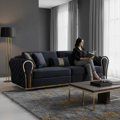 Stilvollen schwaarze 3-Sëtzer Luxus Wunnzëmmer Sëtzmöbel Polstersofa