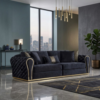 Stilvollen schwaarze 3-Sëtzer Luxus Wunnzëmmer Sëtzmöbel Polstersofa