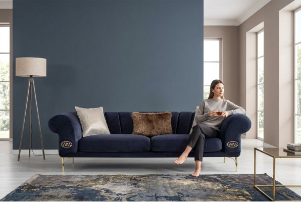 Blo Saal Couch Designer 3-Sëtzer Polstersofa Sëtzmiwwelen Nei