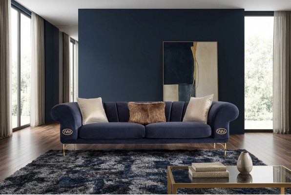 Blo Saal Couch Designer 3-Sëtzer Polstersofa Sëtzmiwwelen Nei