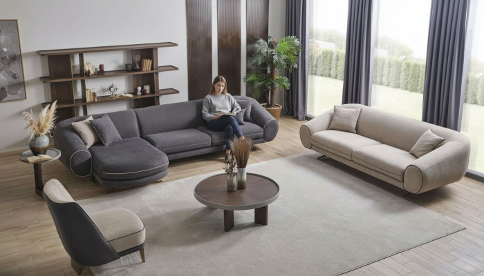 Moderne Wunnzëmmer Set Graue Ecksofa L-Form 3-Sëtzer Polster Fotell