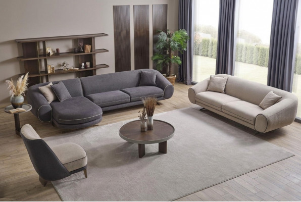 Moderne Wunnzëmmer Set Graue Ecksofa L-Form 3-Sëtzer Polster Fotell