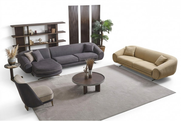 Moderne Wunnzëmmer Set Graue Ecksofa L-Form 3-Sëtzer Polster Fotell