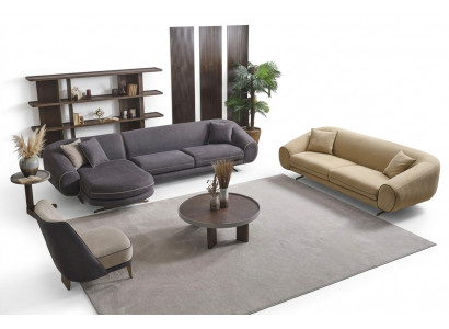 Moderne Wunnzëmmer Set Graue Ecksofa L-Form 3-Sëtzer Polster Fotell