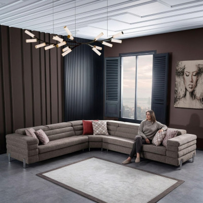 Modern L-fërmeg beige Ecksofakombinatioun Wunnzëmmer Polstersofa mat Holzrahmen