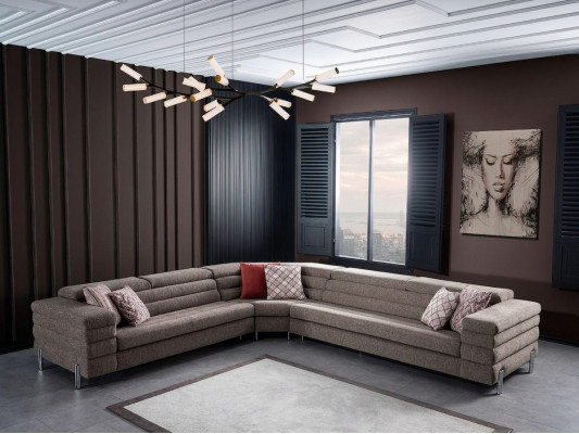 Modern L-fërmeg beige Ecksofakombinatioun Wunnzëmmer Polstersofa mat Holzrahmen