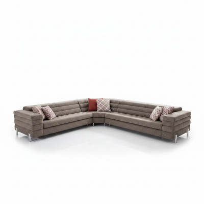 Modern L-fërmeg beige Ecksofakombinatioun Wunnzëmmer Polstersofa mat Holzrahmen