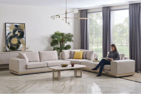 Wunnzëmmer Hellbeige Ecksofa L-Form Couch Modern Textilsofa Miwwelen