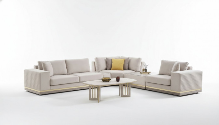 Wunnzëmmer Hellbeige Ecksofa L-Form Couch Modern Textilsofa Miwwelen