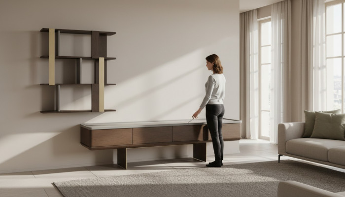 Braune Wunnzëmmer Set Stabile Fernsehkabinett Designer Holz Lagerregaler.