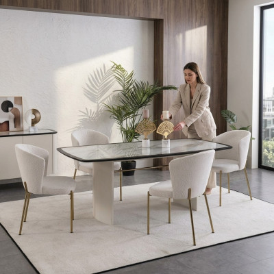 Wäisst Iesszëmmer Set Designer Iessdësch 4x Still Holz Miwwelen Luxus 5tlg