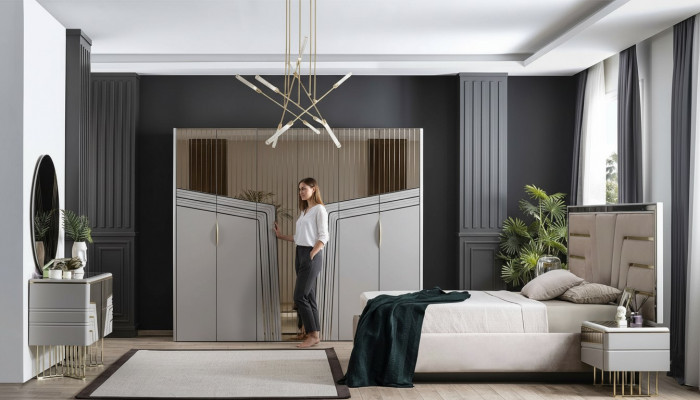 Modern Schlofzëmmer Set Luxus Bett 2x Nuetsdëscher Kleederschaf 6tlg.