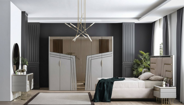 Modern Schlofzëmmer Set Luxus Bett 2x Nuetsdëscher Kleederschaf 6tlg.