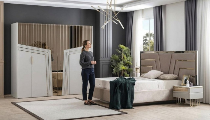 Modernt Schlofzëmmer Set Designer Bett 2x Nuetsdëscher Kleederschaf