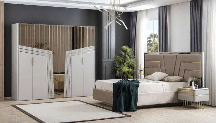 Modernt Schlofzëmmer Set Designer Bett 2x Nuetsdëscher Kleederschaf