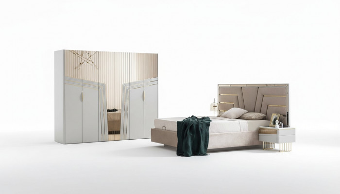 Modernt Schlofzëmmer Set Designer Bett 2x Nuetsdëscher Kleederschaf