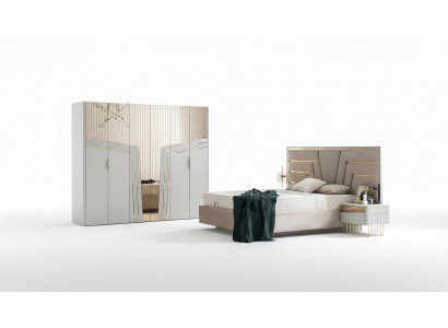Modernt Schlofzëmmer Set Designer Bett 2x Nuetsdëscher Kleederschaf