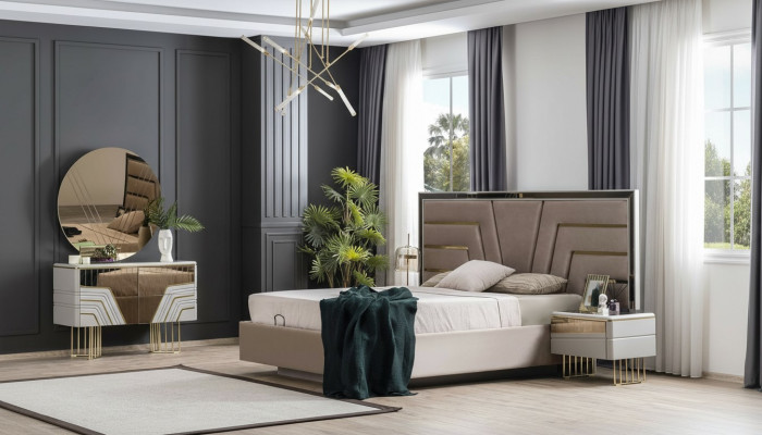 Schlofkummer Set Bett 2x Nuetsdëscher Kommode Spigel Luxus Set 5 Stécker