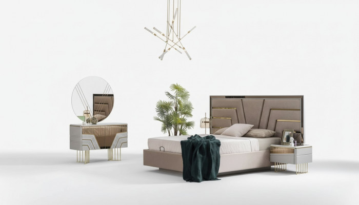 Schlofkummer Set Bett 2x Nuetsdëscher Kommode Spigel Luxus Set 5 Stécker