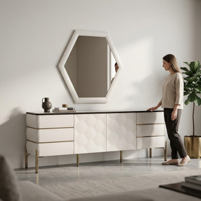 Modern Iesszëmmer Garnitur Designer Wäisst Sideboard Grousse Spigel 2-deeleg