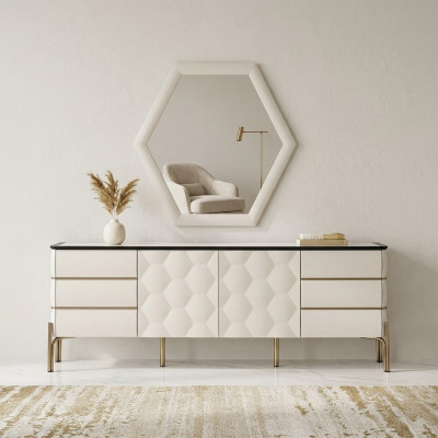 Modern Iesszëmmer Garnitur Designer Wäisst Sideboard Grousse Spigel 2-deeleg