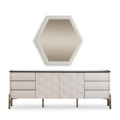Modern Iesszëmmer Garnitur Designer Wäisst Sideboard Grousse Spigel 2-deeleg