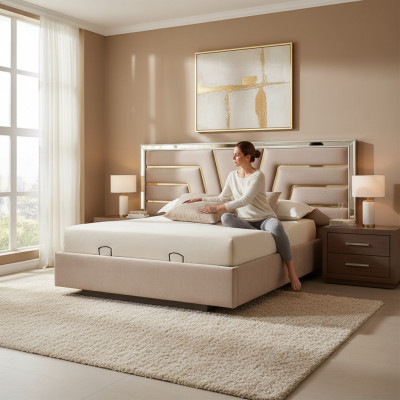 Crèmefaarwegt Schlofkummer Duebelbett Stabillen Holzrahmen Designer Gestofféiert Bett