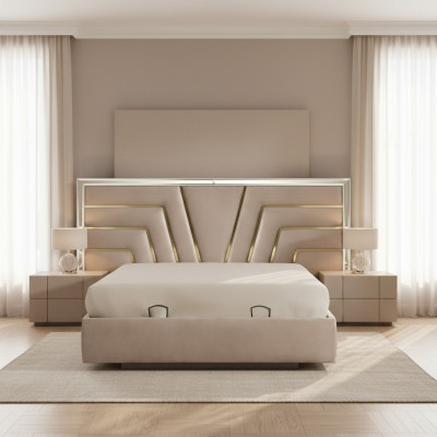 Crèmefaarwegt Schlofkummer Duebelbett Stabillen Holzrahmen Designer Gestofféiert Bett