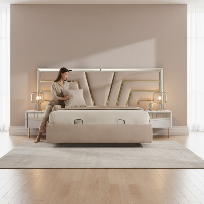 Beige Schlofzëmmer Bett Designer 2x Nuetsdëscher Stilvollen Set 3-Teile.