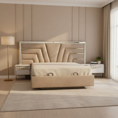 Beige Schlofzëmmer Bett Designer 2x Nuetsdëscher Stilvollen Set 3-Teile.