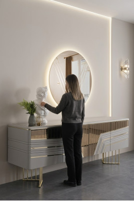 Modernt sëlwerend Sideboard ronne Spigel LED Beliichtung Designer 2-Stéck Set