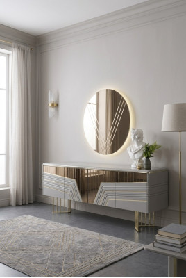 Modernt sëlwerend Sideboard ronne Spigel LED Beliichtung Designer 2-Stéck Set