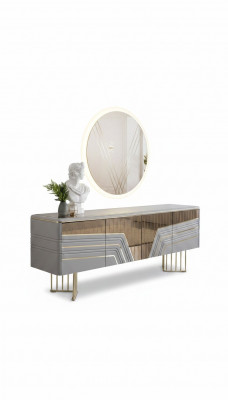 Modernt sëlwerend Sideboard ronne Spigel LED Beliichtung Designer 2-Stéck Set