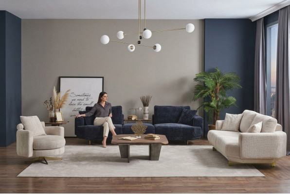 Wunnzëmmer Sofa Set 4+3+1 Sëtzer Design Couch Miwwelen Textil Polster Nei